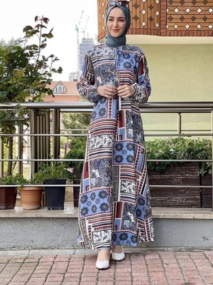 Kiremit A Pileli Desenli Elbise