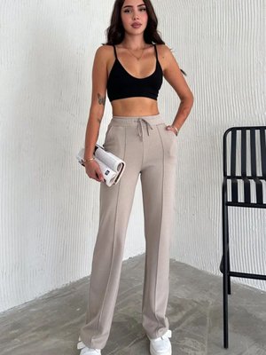 Bej Çımalı Şardonlu Modal Kumaş Pantonlon