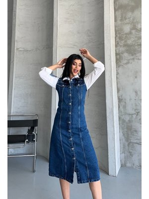 Koyu Mavi Kot Uzun Düğmeli Tunik Çift Cepli Yelek