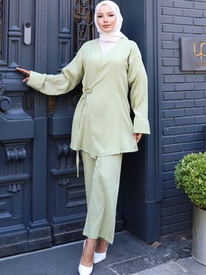 Mint Yeşili Bağlama Detaylı Kimono İkili Takım