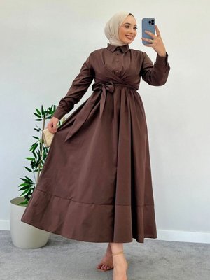 Kahverengi Belden Bağlamalı Elbise