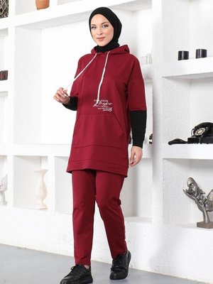 Bordo Yazı Baskılı Spor İkili Takım