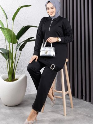 Siyah Yarım Fermuarlı Spor İkili Takım