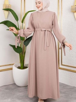 Vizon Manşeti Bağcıklı Abiye Elbise Vizon Manşeti Bağcıklı Abiye Elbise