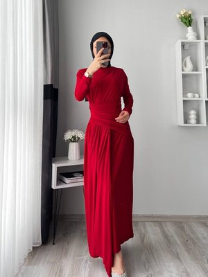 Kırmızı Likralı Drapeli Abiye Elbise