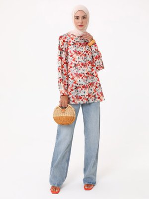 Pembe Çiçek Baskılı Vual Tunik