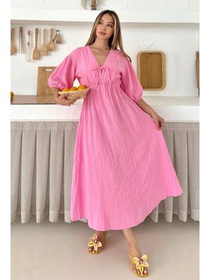 Pembe E Beli Lastikli Bağcık Detaylı Yarım Kol Müslin Elbise