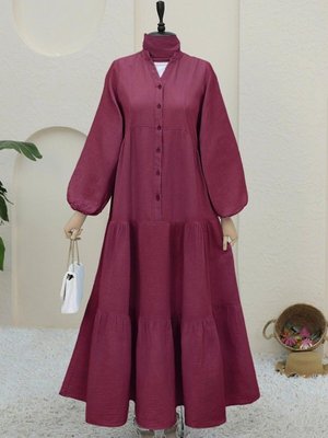 Bordo Yarım Düğmeli Parçalı Müslin Elbise Bordo Yarım Düğmeli Parçalı Müslin Elbise
