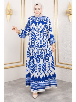 İndigo Patlı Yarım Düğmeli Viskon Elbise