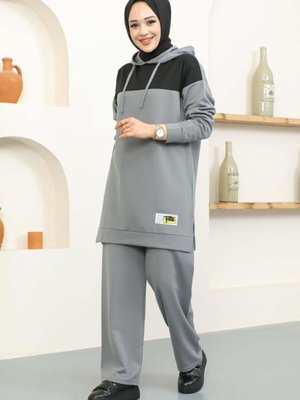 Gri Kapüşonlu Spor İkili Takım