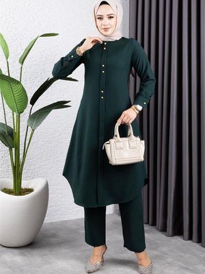 Zümrüt Yeşili Düğmeli İkili Takım