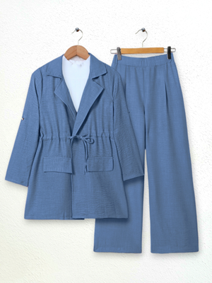 İndigo Kapaklı Tünel Köprülü Ceketli Keten Takım