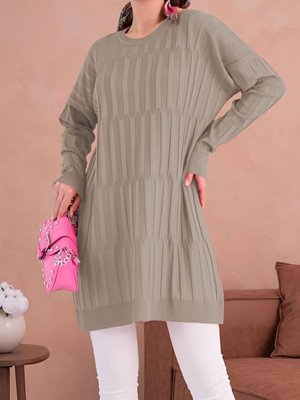 Açık Vizon Yuvarlak Yaka Kalın Çizgili Salaş Triko Tunik