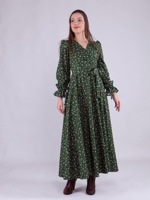 Zümrüt Uzun Çiçek Desenli Kadife Kruvaze Yaka Kol Elbise