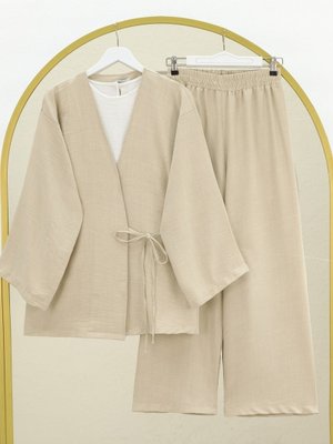 Bej Önden Bağlamalı Pantolonlu Kimono Takım