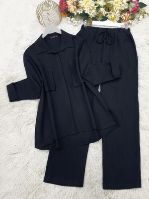 Siyah Körüklü Cepli İkili Keten Takım