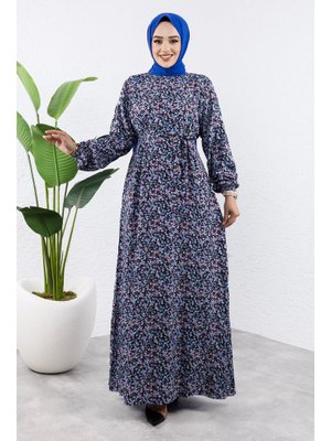 Lacivert Renkli Çiçekli Viskon Elbise