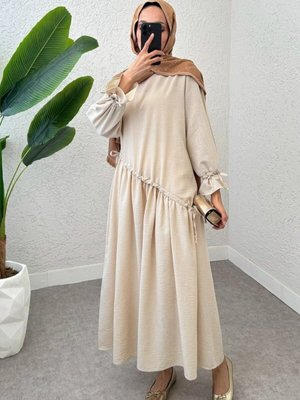 Taş Çapraz Tünel Bağcıklı Uzun Keten Elbise Taş Çapraz Tünel Bağcıklı Uzun Keten Elbise