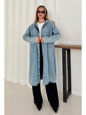 Mavi Kapüşonlu Düşük Kol Salaş Denim Kap Mavi Kapüşonlu Düşük Kol Salaş Denim Kap