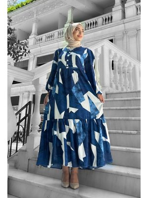 Alya Desenli Viskon Elbise Buz Mavi̇si̇