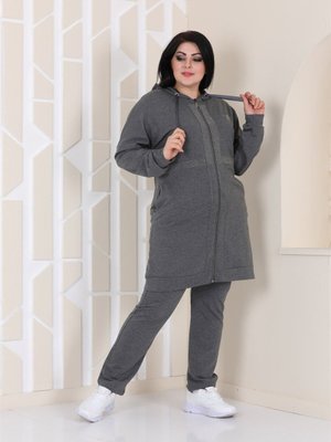 Gri Taş Detaylı Fermuarlı Kapüşonlu Battal Eşofman Takım