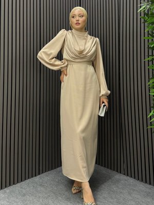 Krem Degaje Abiye Elbise