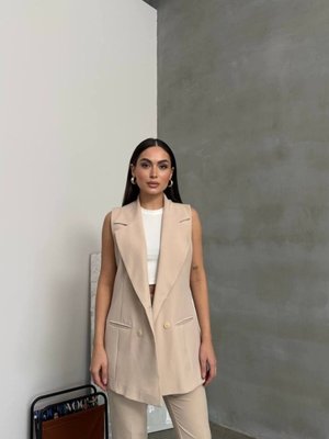 Bej Premium Yaka Detaylı Astarlı Uzun Yelek