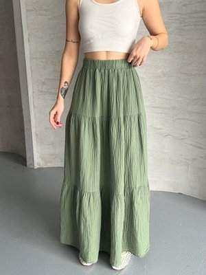 Haki Uzun Büzgülü Katlı Müslin Kumaş Etek