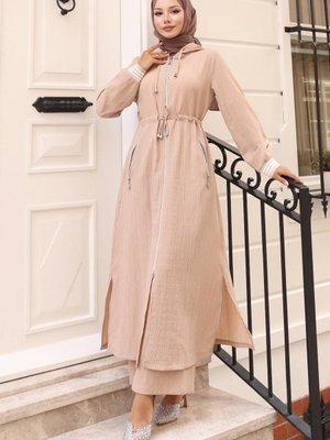 Bej Beli Bağcıklı Kapüşonlu İkili Takım