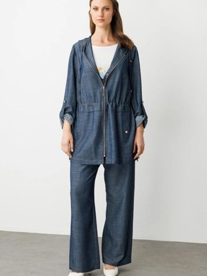 İndigo Beli Lastikli Bol Paça Pantolon İndigo Beli Lastikli Bol Paça Pantolon