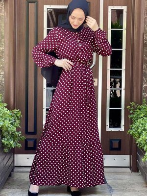 Bordo Puantiye Desenli Viskon Elbise