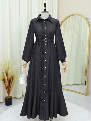 Antrasit Boydan Düğmeli Fırfırlı Kemerli Parçalı Kot Elbise Antrasit Boydan Düğmeli Fırfırlı Kemerli Parçalı Kot Elbise