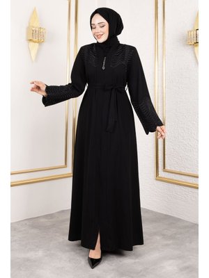 Siyah Beli Kuşaklı İşlemeli Abaya