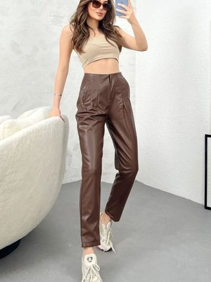 Kahve Deri Model Önü Çimalı İçi Şardonlu Kışlık Çepli Pantolon