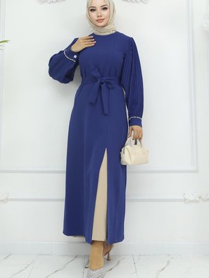 İndigo Piliseli Yırtmaçlı İkili Takım İndigo Piliseli Yırtmaçlı İkili Takım