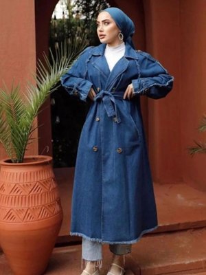 Mavi Püskül Detaylı Düğmeli Denim Kot Trençkot