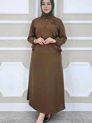 Kahverengi Taş Detaylı Simli İkili Takım