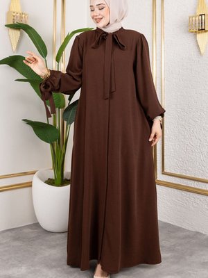 Kahverengi Manşeti Bağcıklı Elbise Ferace