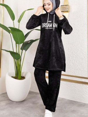 Siyah Baskılı Kapüşonlu Kadife İkili Takım