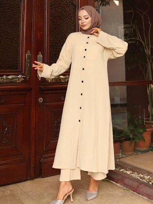 Bej Yaka Detaylı Uzun İkili Takım