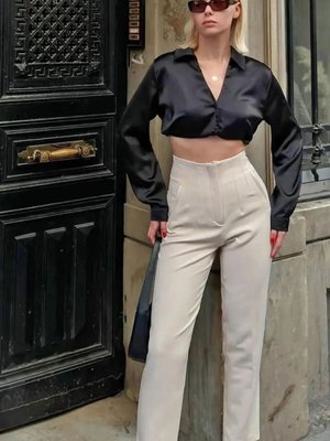 Bej Yüksek Bel İnce Pensli Pantolon