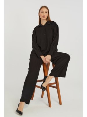 Siyah Bol Paça Dokuma Pantolon