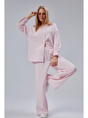 Pembe Taş İşlemeli Salaş Kesim Dokuma Pantolon