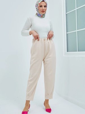 Bej Paça Pile Ve Bel Detay Scuba Kumaş Pantolon