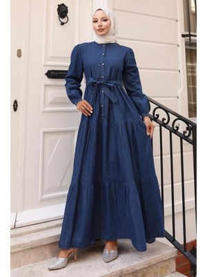 Koyu Mavi Düğmeli Kat Kat Kot Elbise