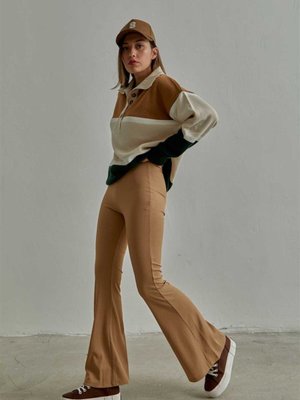 Camel Yüksek Bel Fitilli Ispanyol Paça Tayt Pantolon