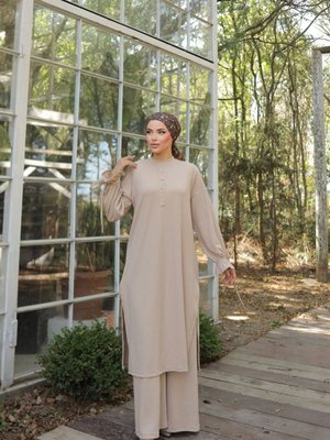 Bej Düğme Detaylı Örme Pantolon Takım