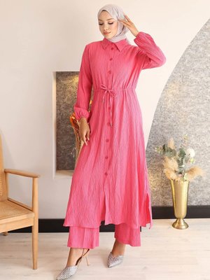 Fuşya Yırtmaç Detaylı Uzun İkili Takım