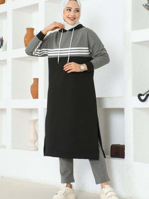 Siyah Şeritli Yırtmaçlı Spor İkili Takım