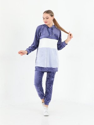 Lacivert Fransız Kadife Kapüşonlu Eşofman Takım